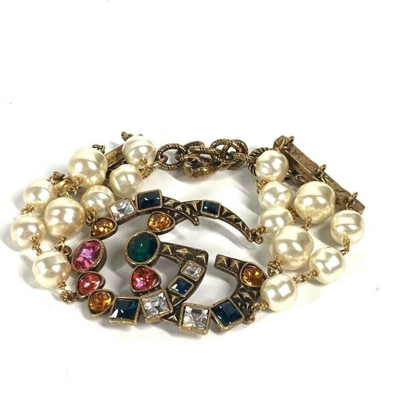 GUCCI Double G Color Stone Faux Pearl Rhinestone 3 Row Bangle Bracelet - Picture 1 of 14
